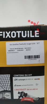 Kit Sikaflex best before 08/2023 Fixotuile Terre Cuite, Mastic polyuréthane PU spécial tuiles, mastic-colle souple pour la réparation et le collage de tuiles, 24 poches de 400ml + un pistolet d'application