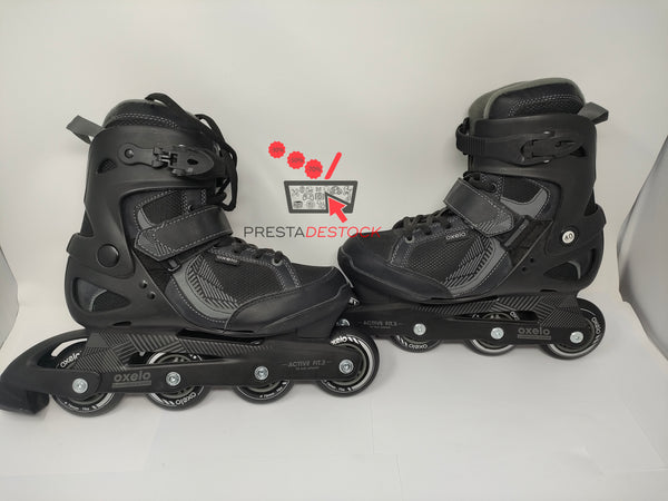 Gros plan sur l'étiquette de la boîte des patins, indiquant la taille 40 et la référence