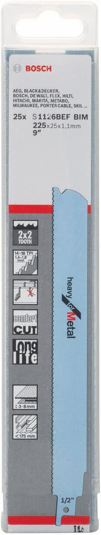 Vue d'ensemble du lot de 25 lames de scie sabre Bosch, référence S 1126 BEF BIM Heavy for Metal