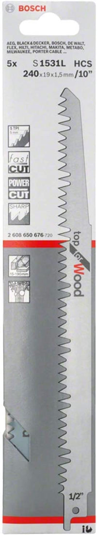 Bosch Professional S 1531 L Top for Wood saber saw blade set of 5 (for wood, 240 x 19 x 1.5 mm, saber saw accessories) 